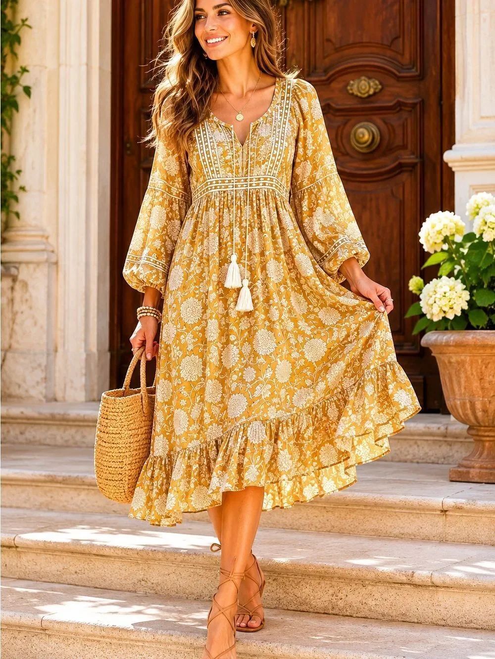 Cleobella Golden Floral Boho Midi Dress XS | Tassel Tie Cotton Peasant Dress